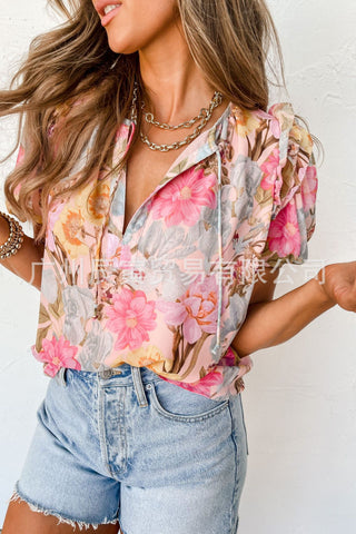 V-neck Puff Sleeve Floral Loose T-shirt