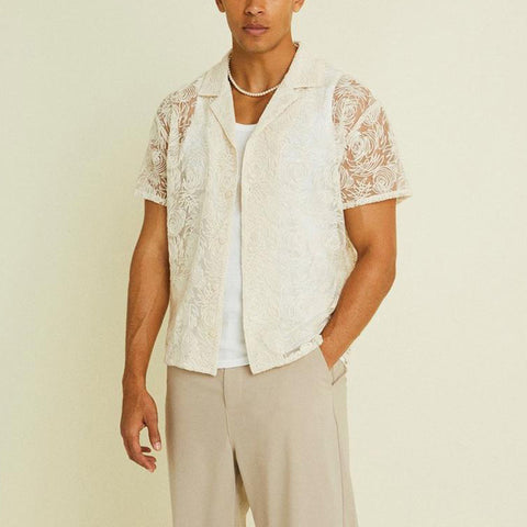 Men's Fashion Casual Draping Hollow Lace Shirt Top