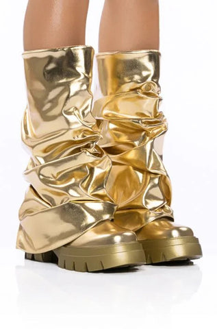 Round Head Metal Patent Leather Fashion Pants Pipe Boots
