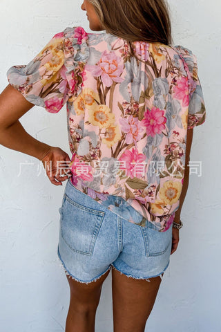V-neck Puff Sleeve Floral Loose T-shirt
