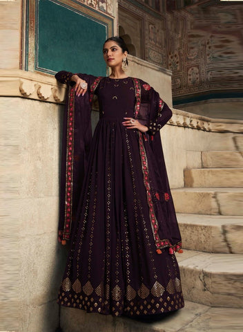 Purple Women's Gown With Purple  Stylish Dupatta
