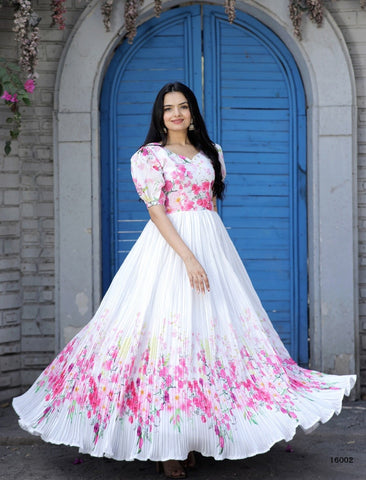 White Floral Designer Party Wear Full Flared Long Gown