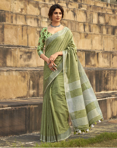 Soft linen Silk With Khadi Print Saree