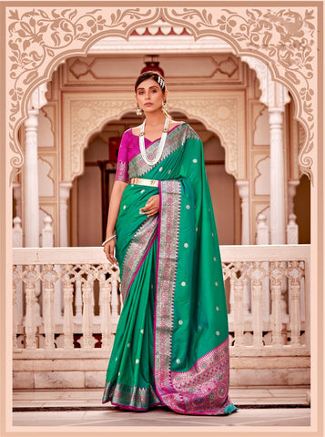 Green Colour Banarasi Soft Silk Saree For Women's