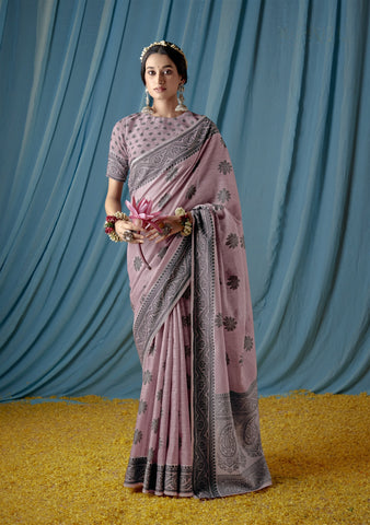 Pink Colour Beautiful Traditional Wear Lucknowi Linen Saree