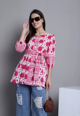 Pink Cambric Printed Cotton Tops For Women