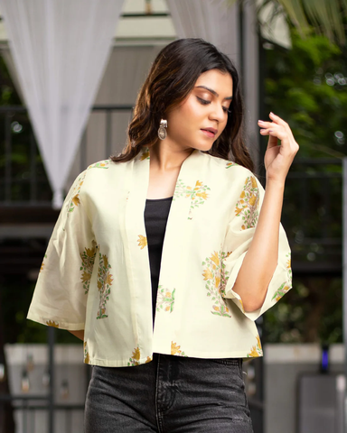 Yellow Colour Viscose Floral Printed Jacket For Women's