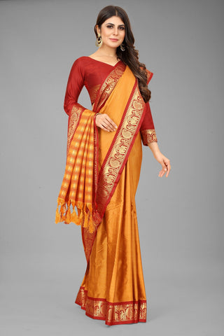 Yellow Red Colour Cotton Silk Saree For Women's