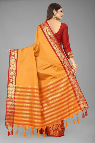 Yellow Red Colour Cotton Silk Saree For Women's