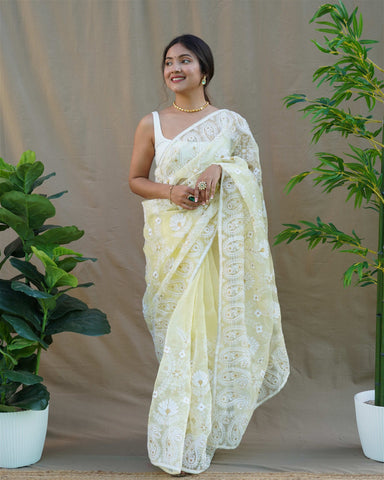 Yellow Colour Organza Embroidery And Lace Work Saree For Women's