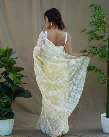 Yellow Colour Organza Embroidery And Lace Work Saree For Women's