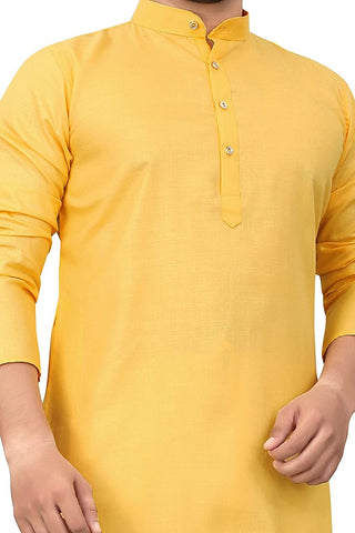 Yellow Plain Semi Cotton Full Kurta Pajama For Men