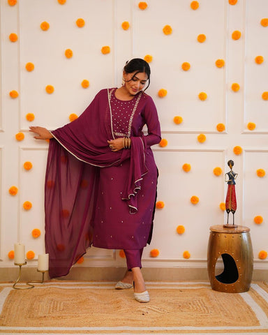 Women Wine Embroidered Kurta with Trousers & With Dupatta
