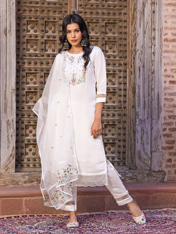 Solid Resham Embroidered kurta with Pants & Resham Embroidered Organza Dupatta